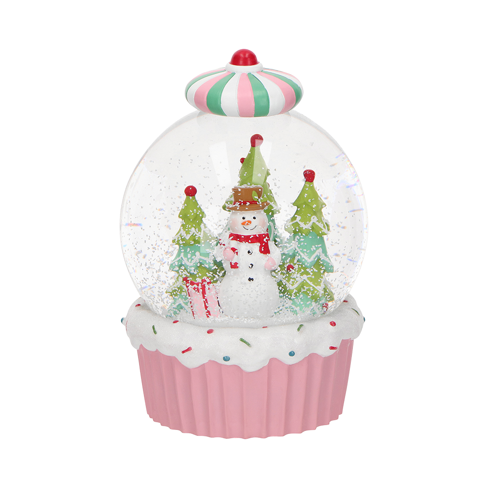 Viv! Christmas Kerst Sneeuwbol incl. Muziekdoos - Sneeuwpop in Cupcake - pastel roze - 19cm