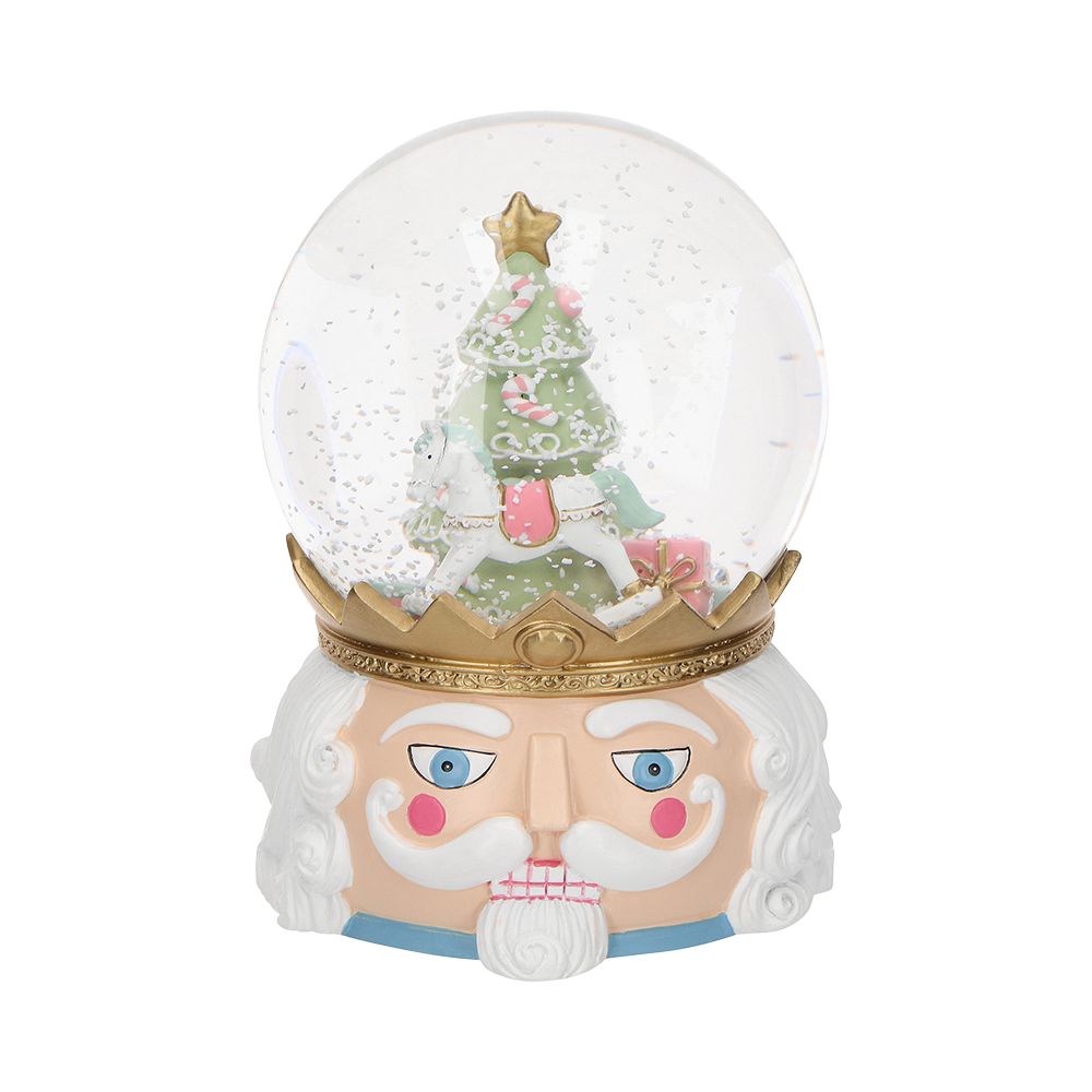 Viv! Christmas Snow Globe incl. Music Box - Nutcracker with Christmas Tree & Rocking Horse - Pastel Pink - 20cm