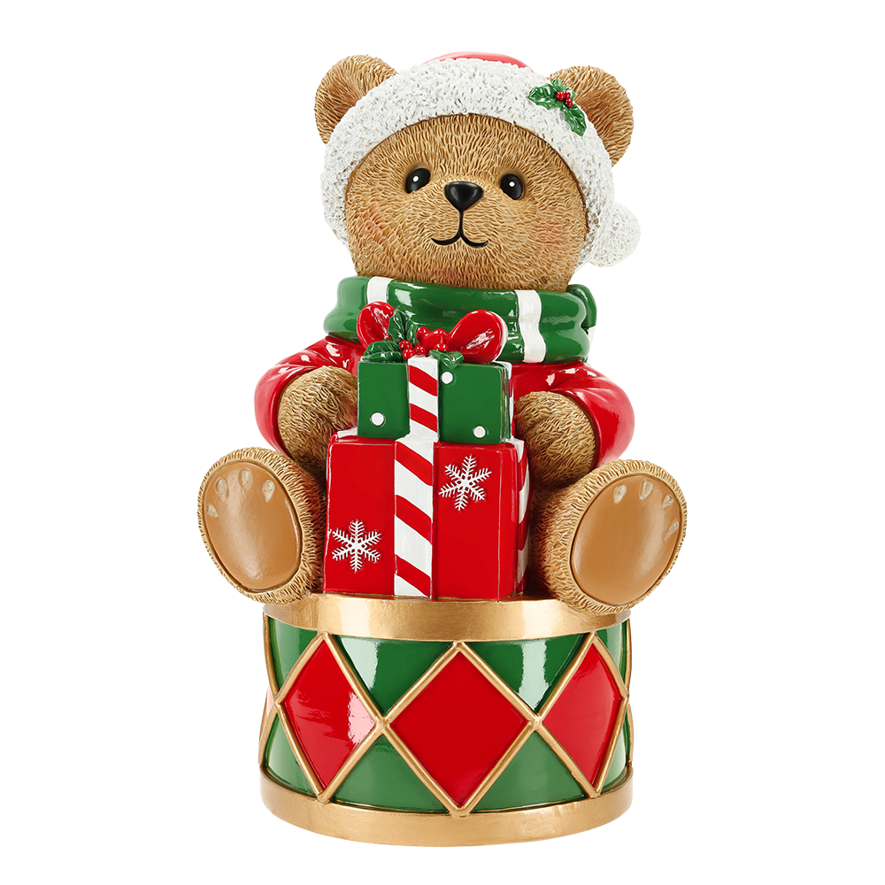 Viv! Christmas Kerstbeeld - Beer op Trommel met Cadeaus - groen rood - 31cm