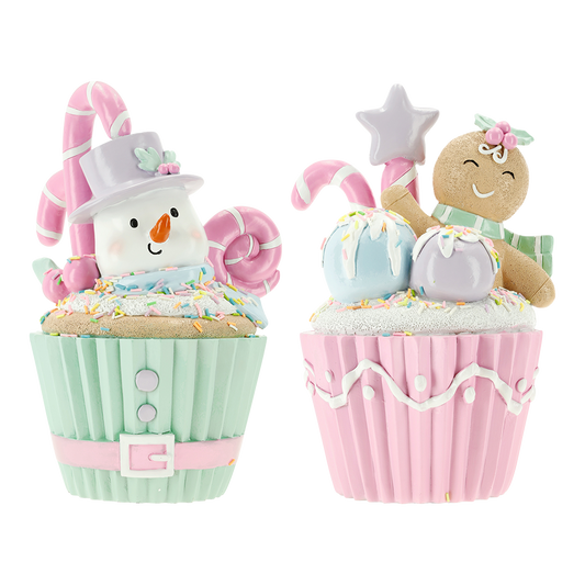 Viv! Christmas Kerstbeeld - Sneeuwpop & Gingerbread Man Cupcake - set van 2 - roze groen - 25cm