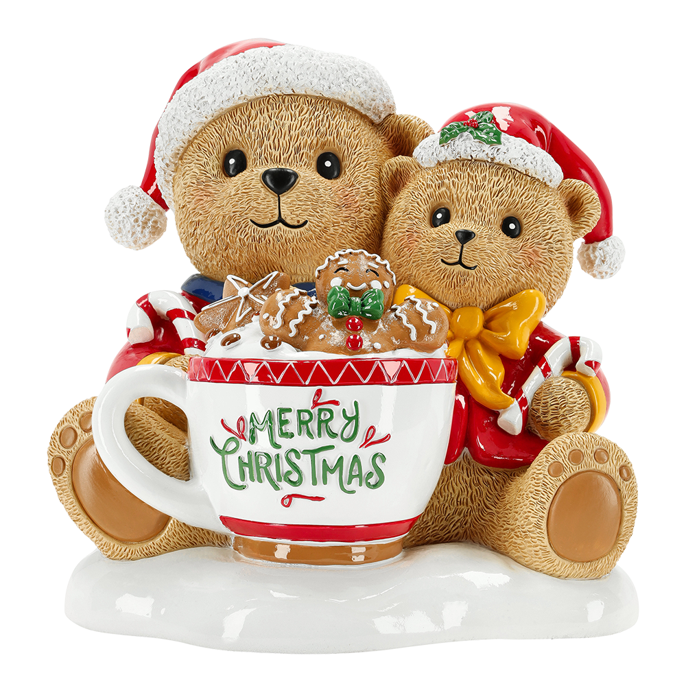 Viv! Christmas Weihnachtsfigur - Teddybären mit 'Merry Christmas' Tasse - Rot - 25 cm