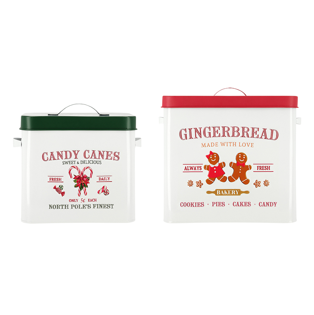 Viv! Christmas Storage Tins - Gingerbread & Candy Cane - Set of 2 - Metal - Red Green - 34 cm