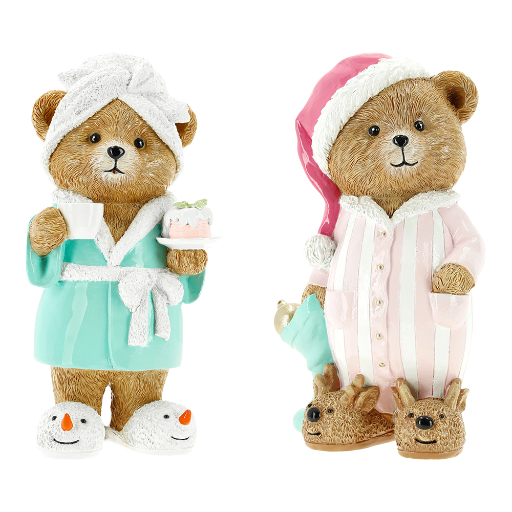 Viv! Christmas Tabletop Figure - Teddy Bears in Pyjamas & Slippers - Set of 2 - Pink Green - 23 cm