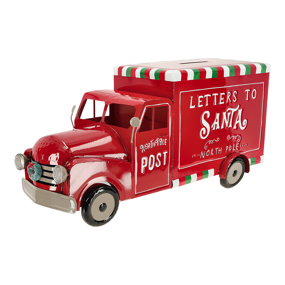 Viv! Christmas Kerstbeeld - Vrachtwagen Brievenbus incl. LED Verlichting - metaal - rood - 64cm