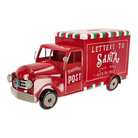 Viv! Christmas Kerstbeeld - Vrachtwagen Brievenbus incl. LED Verlichting - metaal - rood - 64cm