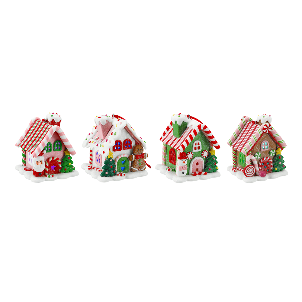 Viv! Christmas Kerstornament - Gingerbread Huis incl. LED Verlichting - set van 4 - 8cm