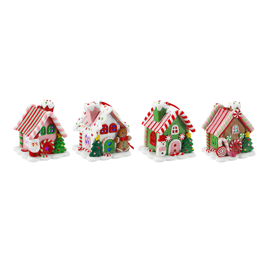 Viv! Christmas Weihnachtsanhänger - Lebkuchenhaus mit LED-Beleuchtung - 4er-Set - 8 cm
