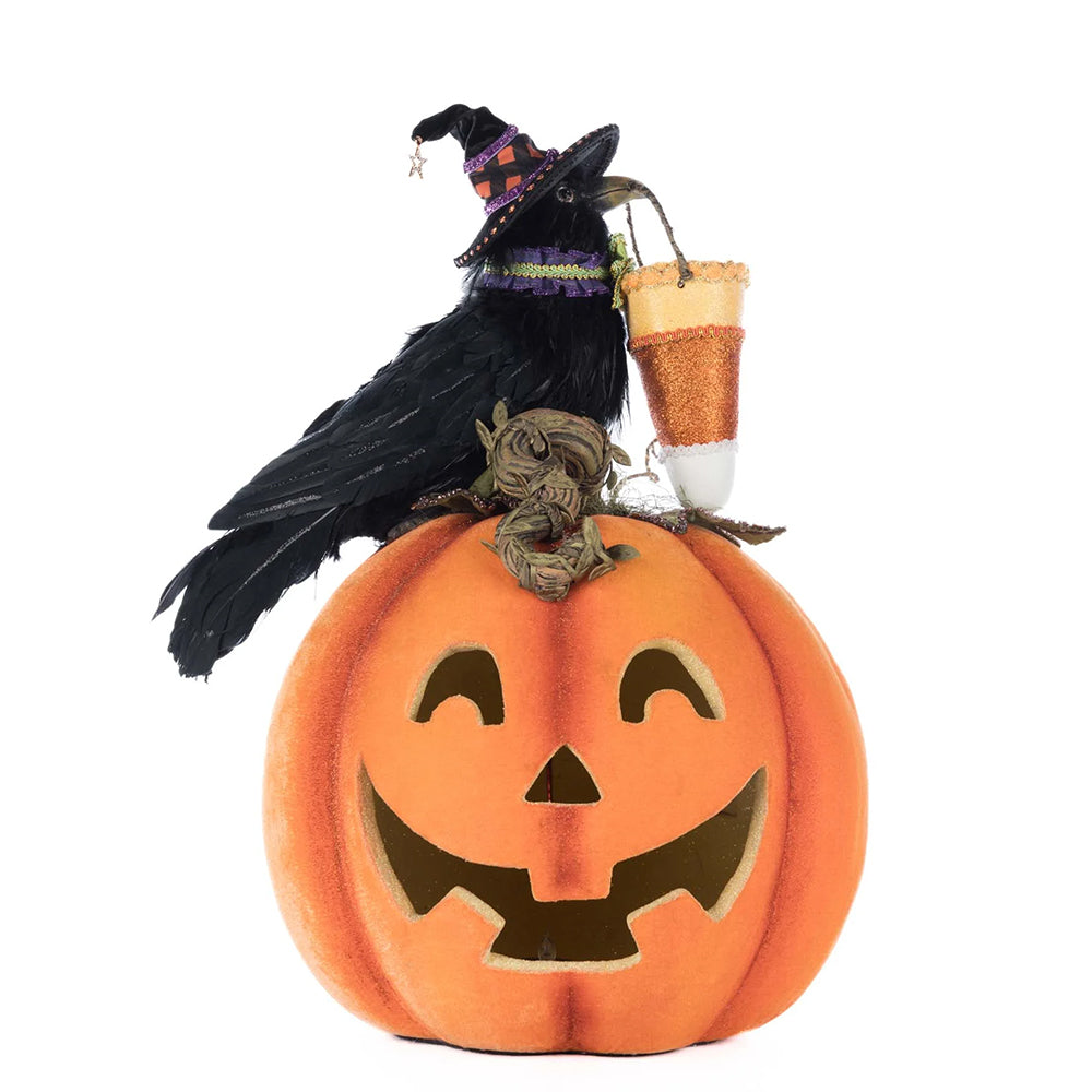 Katherine's Collection Halloween - Ghoulish Gathering - Crow with Pumpkin Tabletop w/ Tealight - 49cm