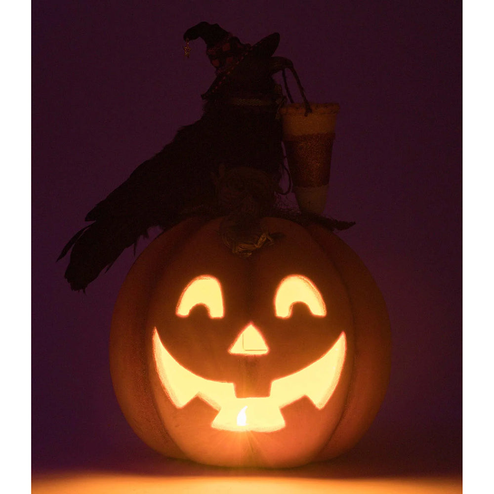 Katherine's Collection Halloween - Ghoulish Gathering - Crow with Pumpkin Tabletop w/ Tealight - 49cm