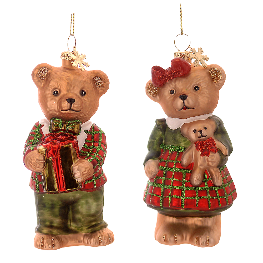 Viv! Christmas Weihnachtsanhänger - Teddybär Junge & Mädchen - 2er-Set - Glas - Rot Grün - 13 cm