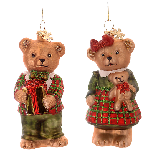 Viv! Christmas Weihnachtsanhänger - Teddybär Junge & Mädchen - 2er-Set - Glas - Rot Grün - 13 cm
