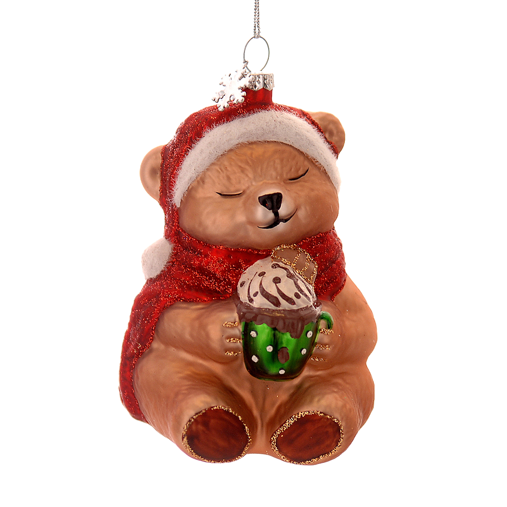 Viv! Christmas Weihnachtsanhänger - Teddybär mit heißer Schokolade - Glas - Rot - 12 cm