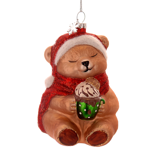 Viv! Christmas Weihnachtsanhänger - Teddybär mit heißer Schokolade - Glas - Rot - 12 cm