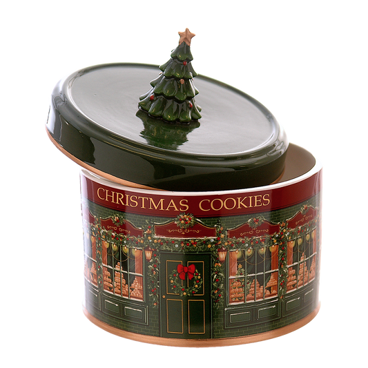 Viv! Christmas Kerstservies - Kerst Koektrommel met Kerstboom - bewaarblik - groen rood - 18cm