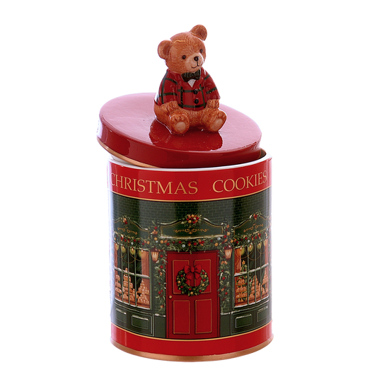 Viv! Christmas Kerstservies - Kerst Koektrommel met Beer - bewaarblik - rood groen - 18cm