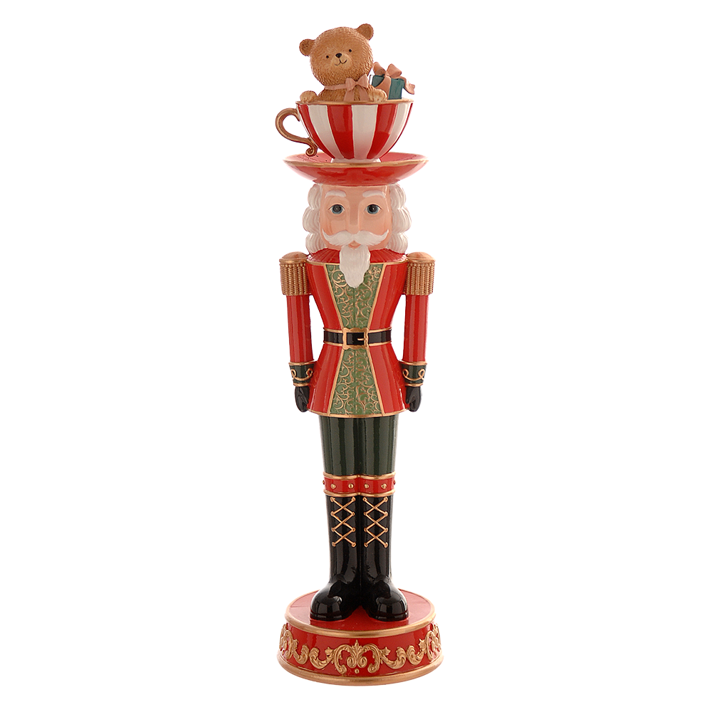 Viv! Christmas Tabletop Figure - Nutcracker with Teacup & Teddy Bear - Red Green - 45 cm