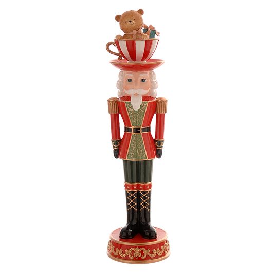 Viv! Christmas Weihnachtsfigur - Nussknacker mit Teetasse und Teddybär - Rot Grün - 45 cm