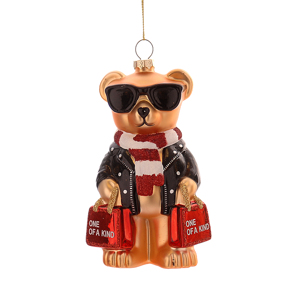 Viv! Christmas Weihnachtsanhänger - Teddybär mit Taschen - Glas - Rot Schwarz - 18 cm