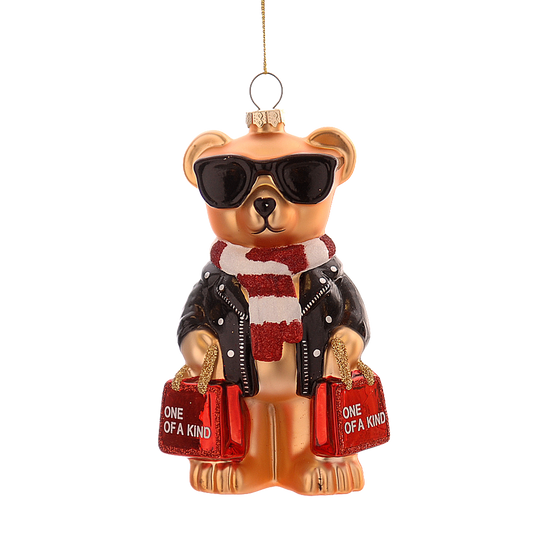 Viv! Christmas Weihnachtsanhänger - Teddybär mit Taschen - Glas - Rot Schwarz - 18 cm