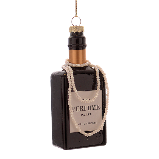 Viv! Christmas Weihnachtsanhänger - Parfümflasche mit Perlenkette - Glas - Schwarz Weiß - 11 cm