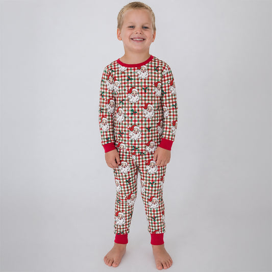 RuffleButts - Unisex Kinder Kerstpyjama Set Lange Mouwen - Dear Santa Rood Groen - Bamboe Viscose