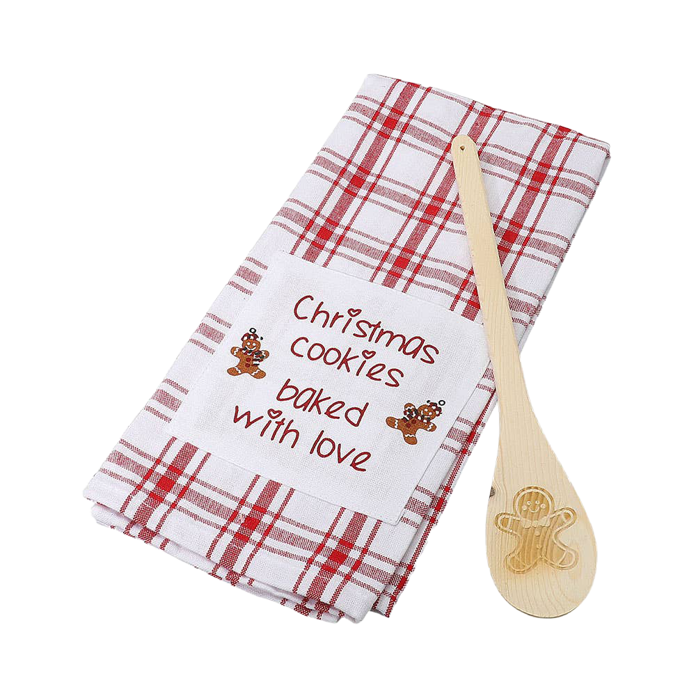 Viv! Christmas Kerst Keukentextiel - Gingerbread Man Theedoek met Houten Pollepel - katoen