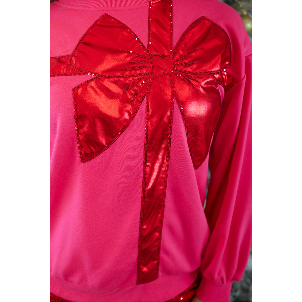 Viv! Christmas Kerst Kleding - Roze Kersttrui met Metallic Rode Strik