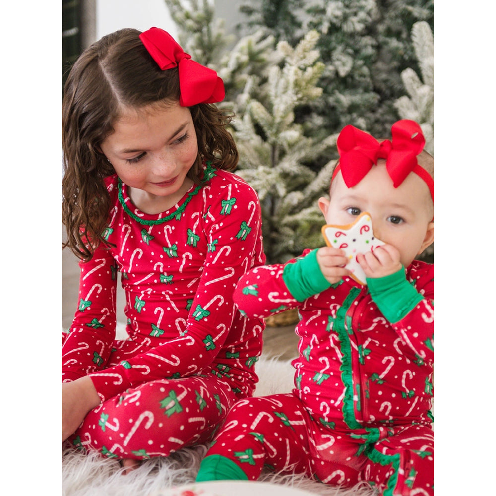 RuffleButts - Baby Girls' Zip-Up Christmas Pajamas - Candy Cane - Bamboo Viscose