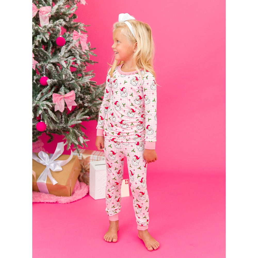 RuffleButts - Peuter Meisjes Kerstpyjama Set Lange Mouwen - Dear Santa Roze - Bamboe Viscose