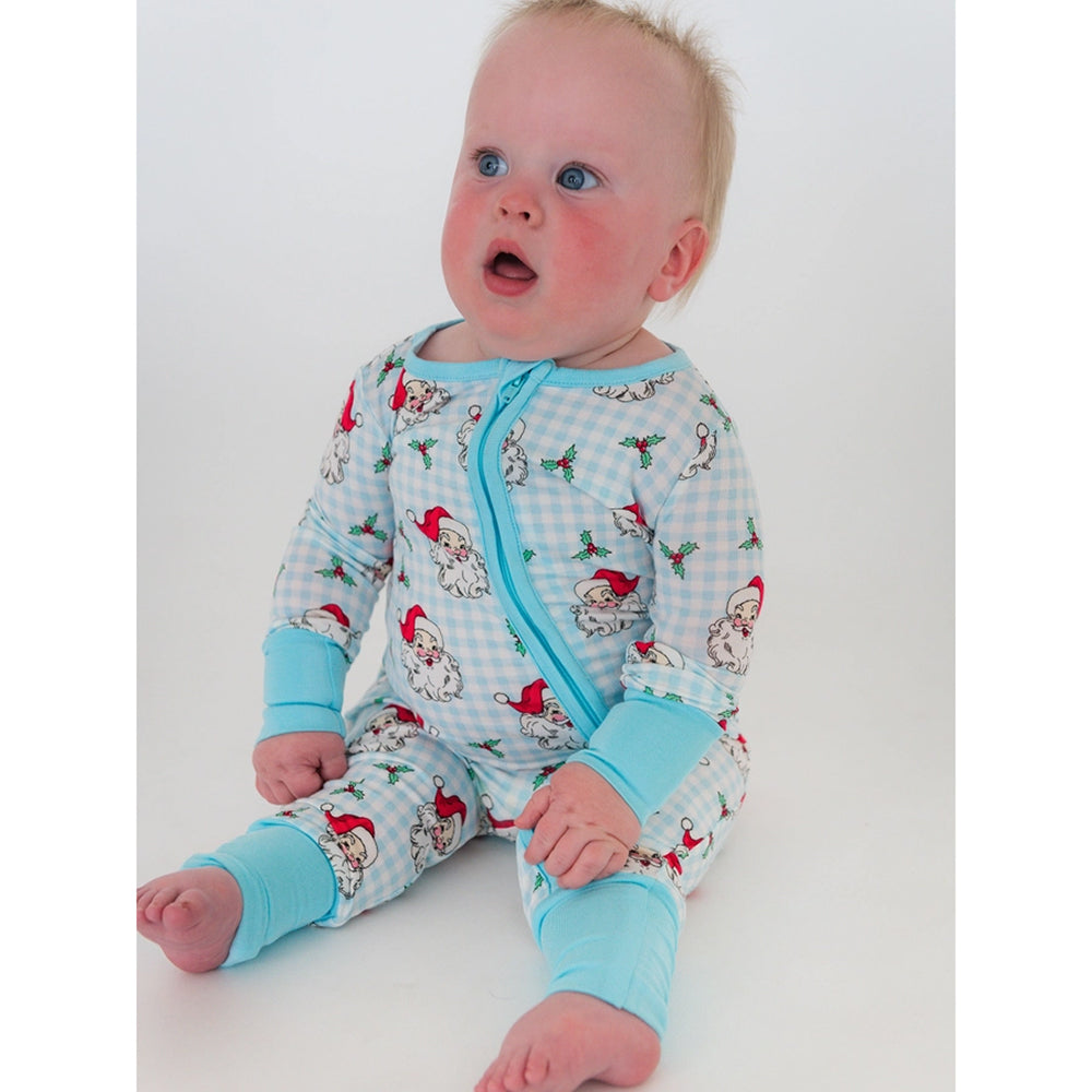 RuffleButts - Baby Boys' Zip-Up Christmas Pajamas - Dear Santa Blue - Bamboo Viscose