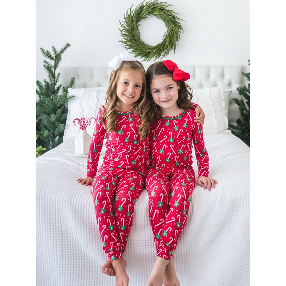 RuffleButts - Girls' Long Sleeve Christmas Pajama Set - Candy Cane - Bamboo Viscose