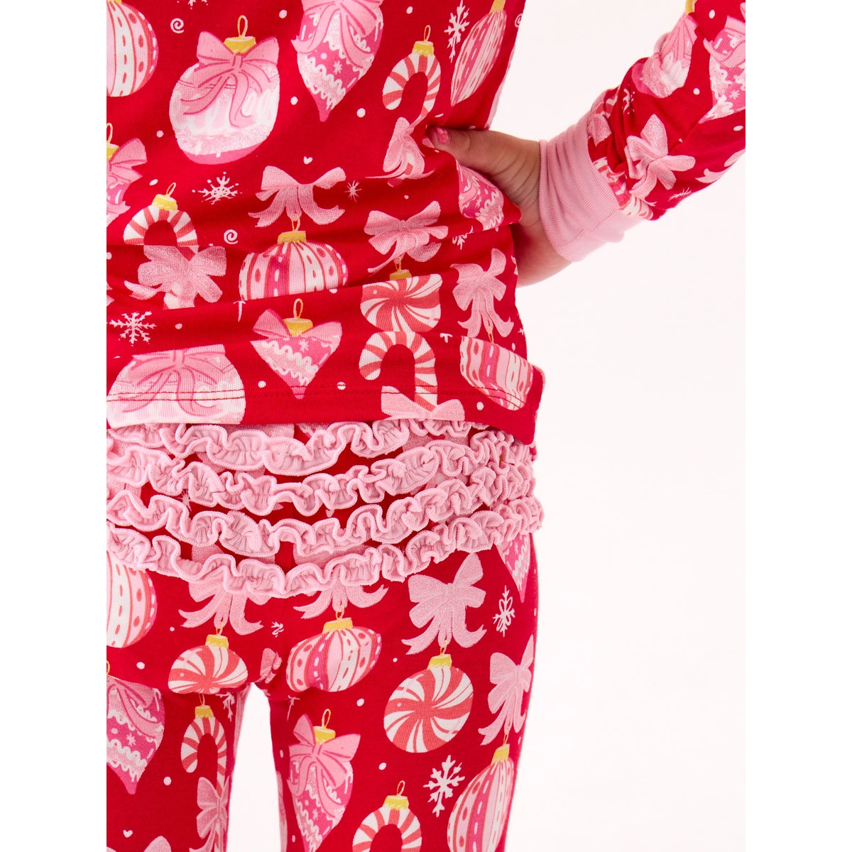 RuffleButts - Toddler Girls Long Sleeve Christmas Pajama Set - Ornament Bows - Red - Bamboo Viscose
