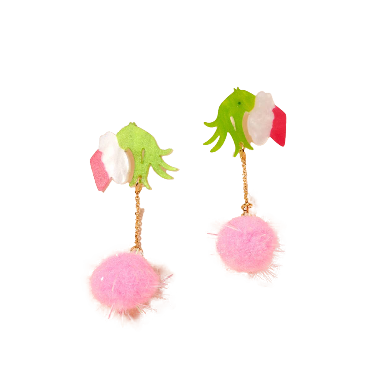 Viv! Christmas Pendientes de Navidad - Mano de monstruo verde "Grinch" con pompón rosa