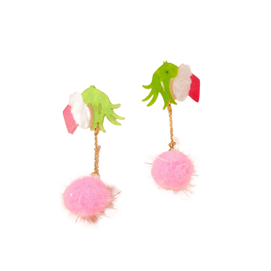 Viv! Christmas Kerst Statement Oorbellen - Groen Monster 'Grinch' Hand met Roze Pompon