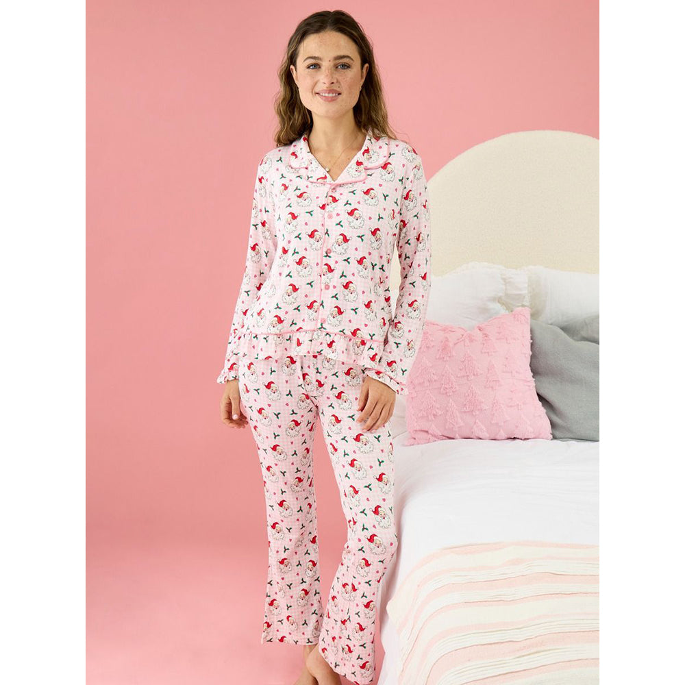 RuffleButts - Dames Kerstpyjama met Knoopsluiting - Dear Santa Roze - Bamboe Viscose