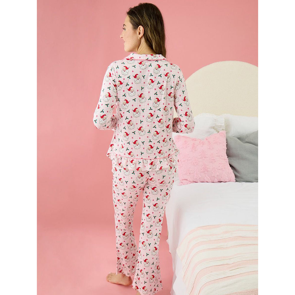 RuffleButts - Dames Kerstpyjama met Knoopsluiting - Dear Santa Roze - Bamboe Viscose