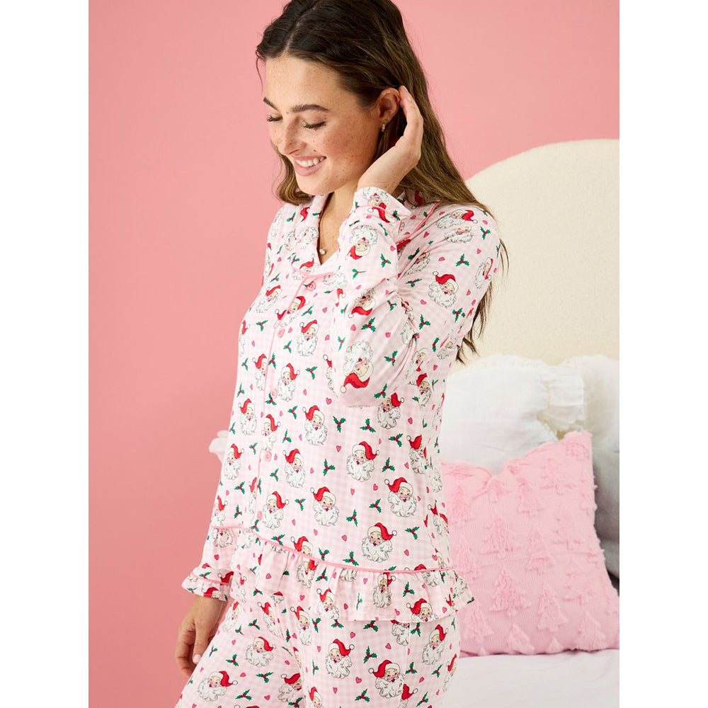 RuffleButts - Dames Kerstpyjama met Knoopsluiting - Dear Santa Roze - Bamboe Viscose