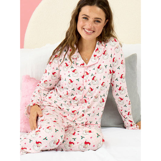 RuffleButts - Dames Kerstpyjama met Knoopsluiting - Dear Santa Roze - Bamboe Viscose