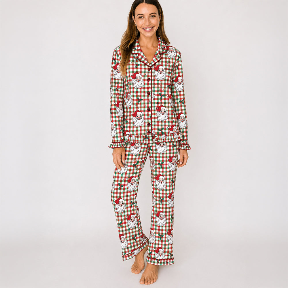RuffleButts - Dames Kerstpyjama met Knoopsluiting - Dear Santa Rood Groen - Bamboe Viscose