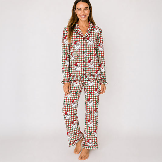 RuffleButts - Dames Kerstpyjama met Knoopsluiting - Dear Santa Rood Groen - Bamboe Viscose