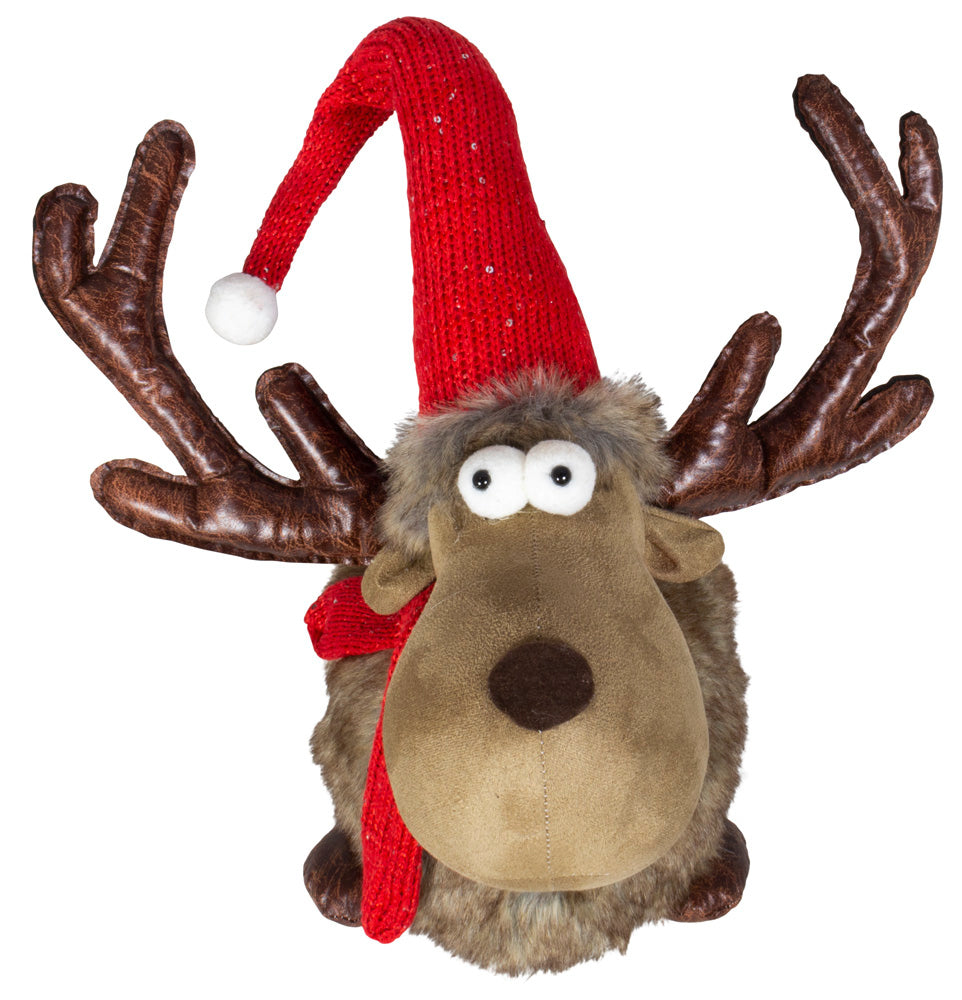 Viv! Christmas Kerstbeeld - Liggend Rendier met Kerstmuts - rood bruin - 45cm