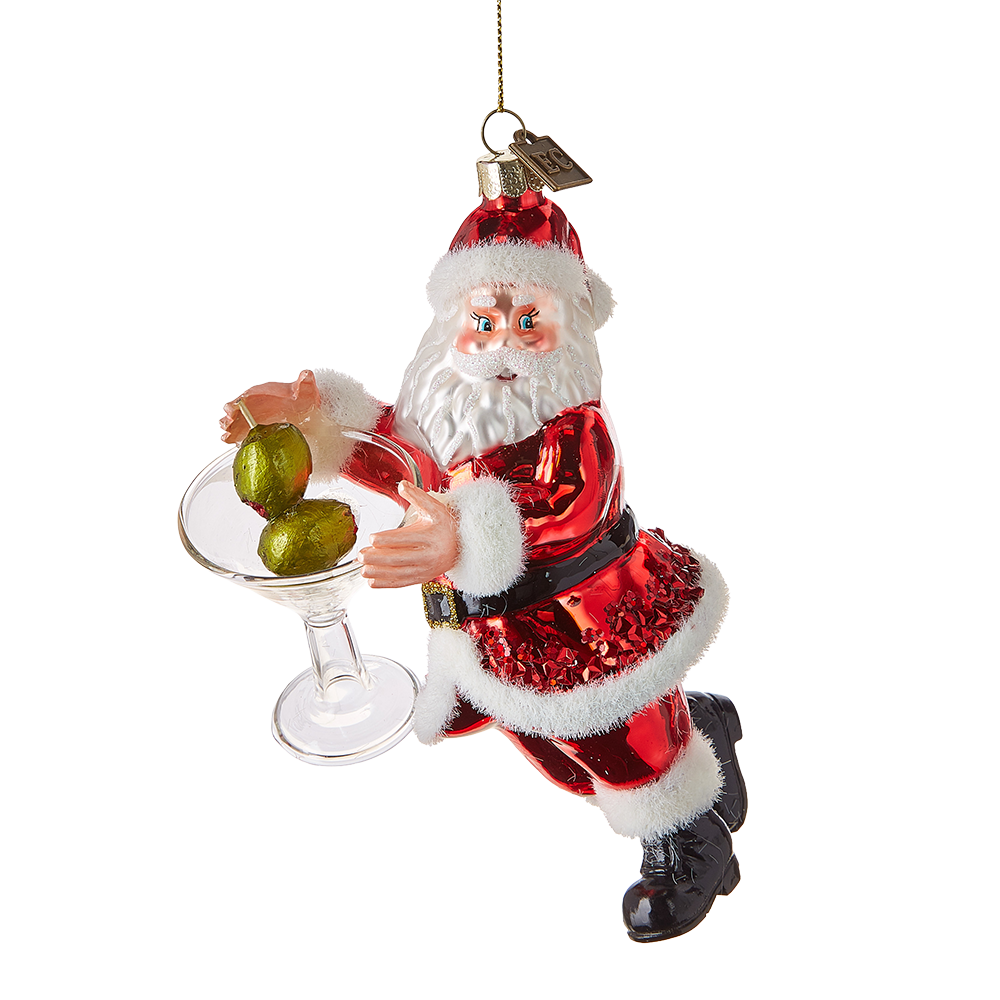 Viv! Christmas Kerstornament - Kerstman met Martini Glas en Olijven - glas - rood - 15cm