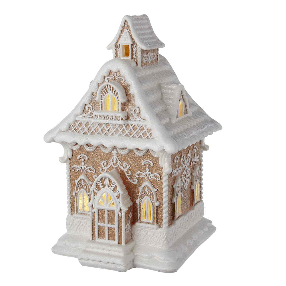 Viv! Christmas Kerstbeeld - Victoriaans Gingerbread Huis incl. LED Verlichting - bruin wit - 33cm