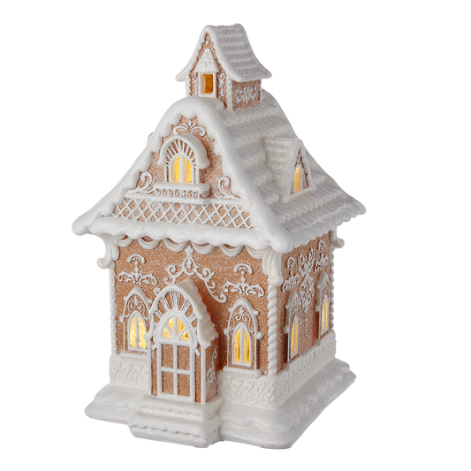 Viv! Christmas Kerstbeeld - Victoriaans Gingerbread Huis incl. LED Verlichting - bruin wit - 33cm