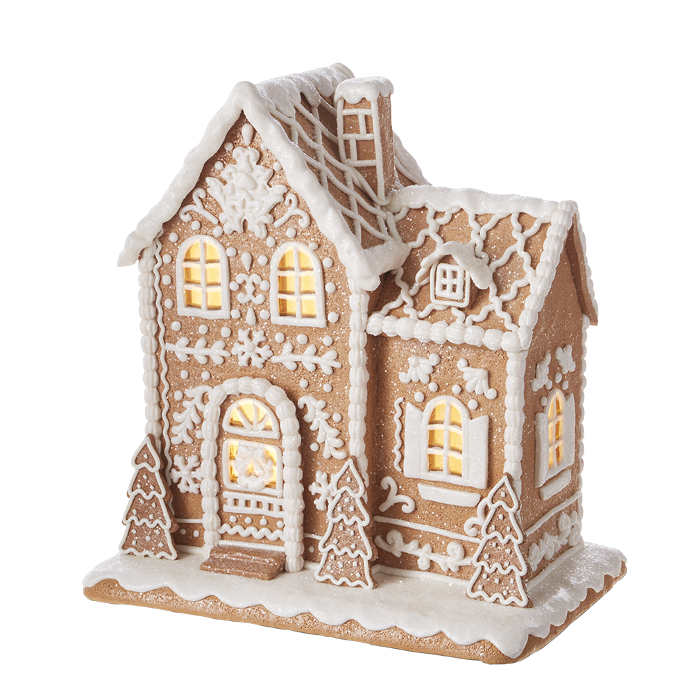 Viv! Christmas Tabletop Figure - Gingerbread House of Clay with Icing Details incl. LED Lighting - brown white - 32cm