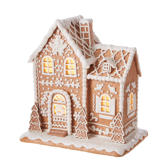 Viv! Christmas Tabletop Figure - Gingerbread House of Clay with Icing Details incl. LED Lighting - brown white - 32cm