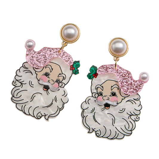 Viv! Christmas Kerst Statement Oorbellen - Roze Kerstman met Parels