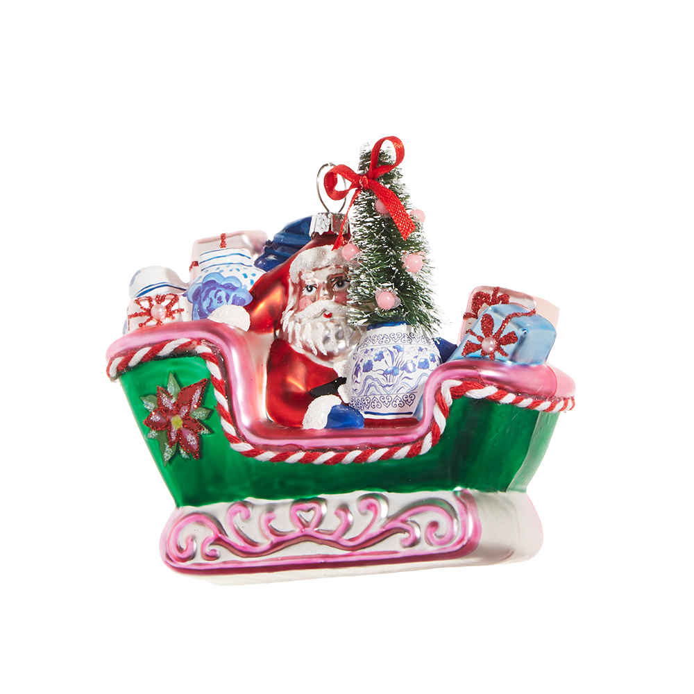 Viv! Christmas Kerstornament - Chinoiserie Slee met Kerstman en Cadeaus - glas - groen roze rood - 11cm