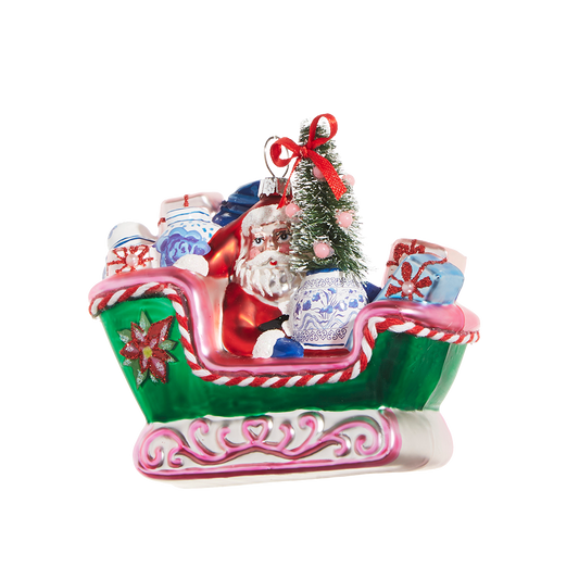 Viv ! Christmas Weihnachtsanhänger – Chinoiserie-Schlitten mit Weihnachtsmann & Geschenken – Glas – Grün Rosa Rot – 11 cm