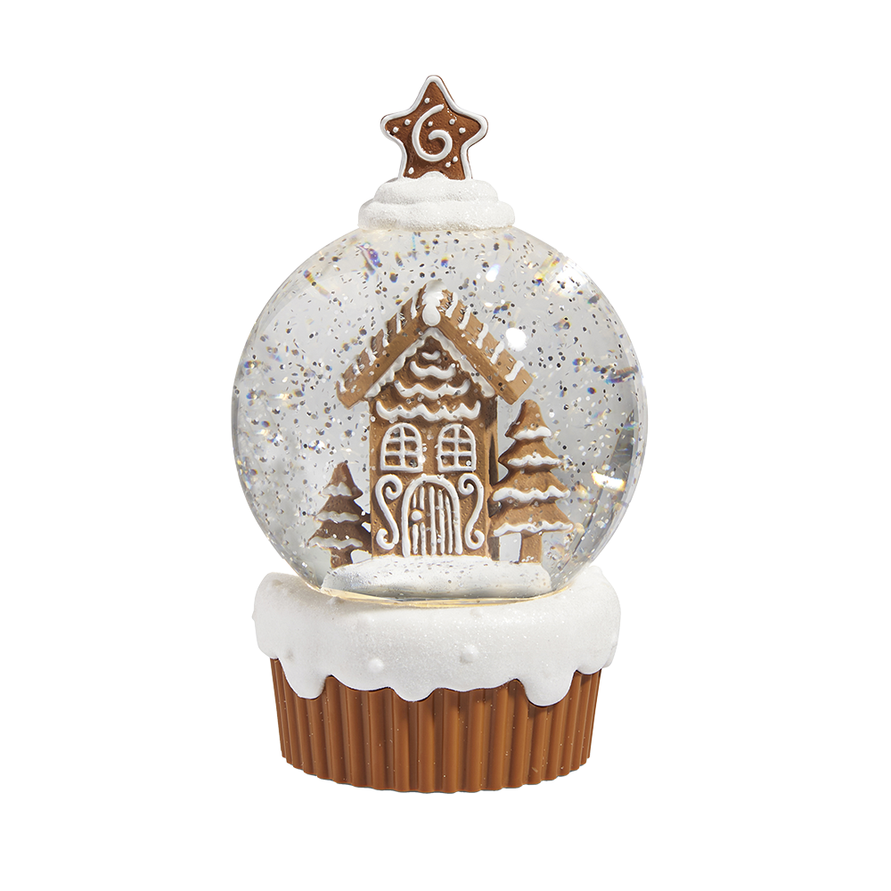 Viv! Christmas Kerst Sneeuwbol incl. LED - Gingerbread Huis Cupcake - automatisch - bruin wit - 20cm